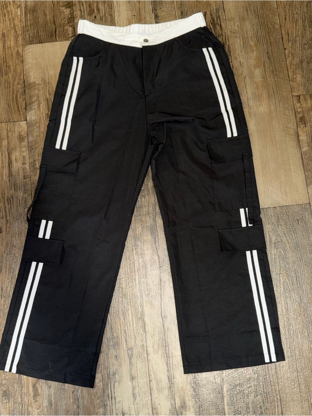 Black Flared Cargo Pants with White Stripe Detail